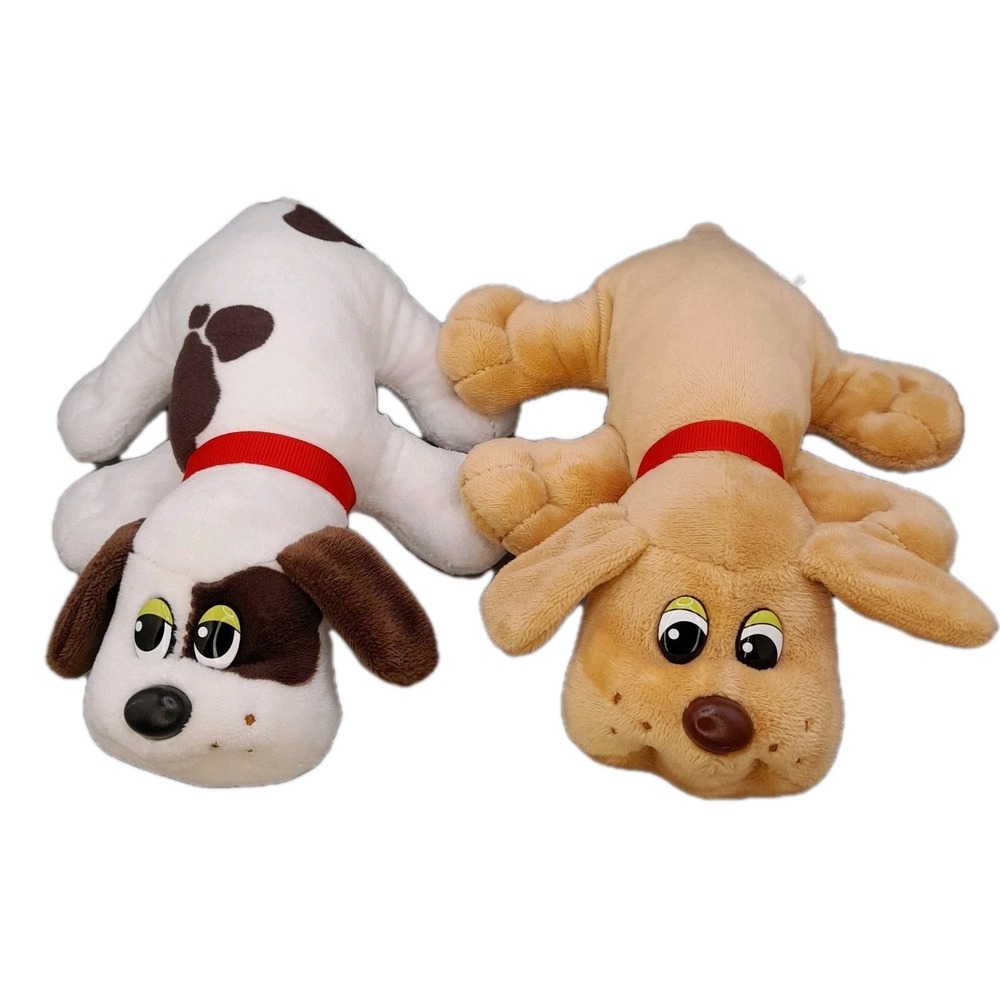 Lot‎ of 2 Pound Puppies Dog Plush 8" 2019 White Brown Spots & Tan Red Collars